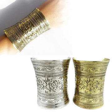 Vintage Metal Cuff Curved Bangle for Women - Metallic Gothic Long Wide Bracelet Adjustable Fashion Gift - The Jewellery Supermarket